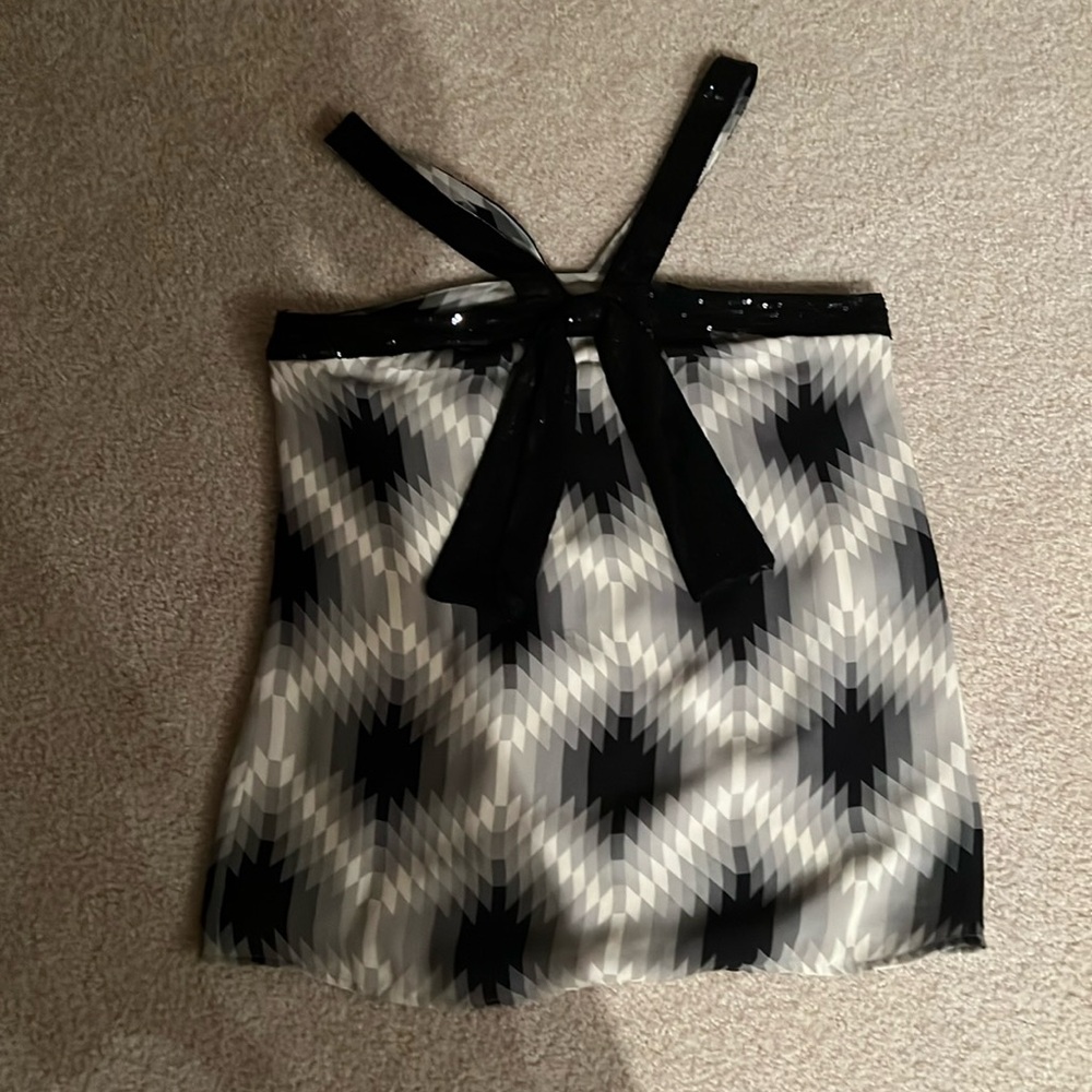 Tory Burch Op Art Silk Top with Sequin Straps and Bow - size 10